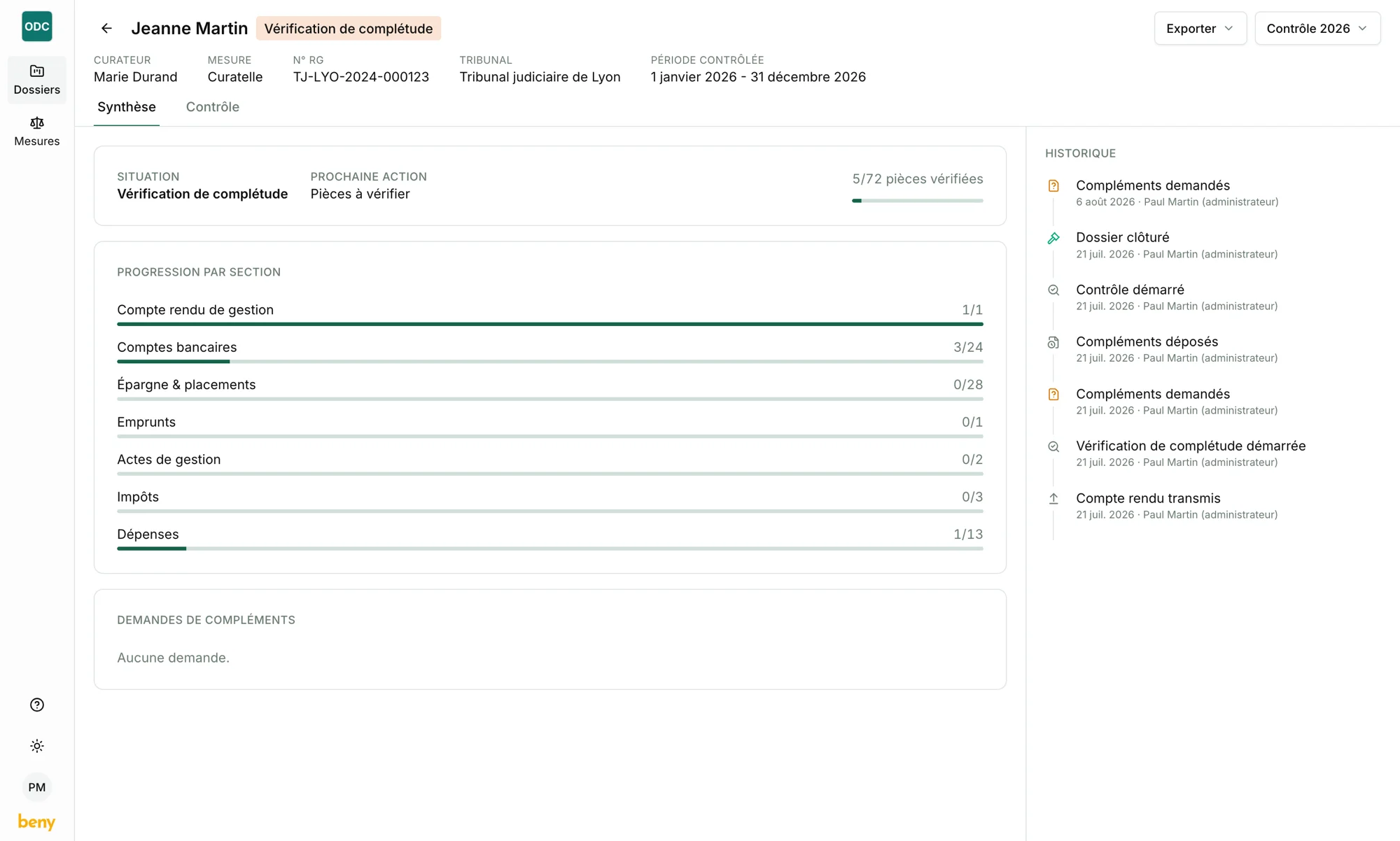 Interface de contrôle Beny : synthèse d’un dossier et progression par section